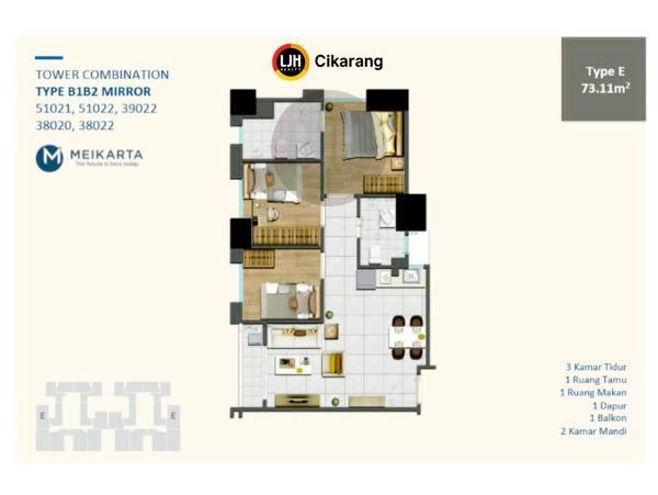 Apartemen Meikarta 3 Br District 1 Tower Twinford Dijual di Lantai 20