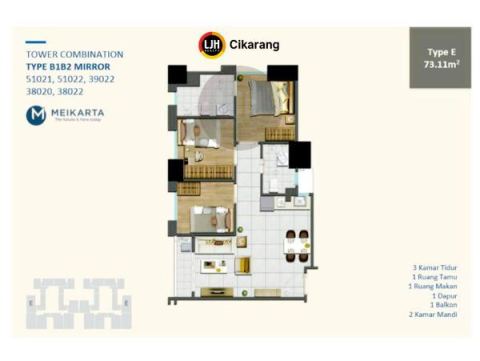 Apartemen Meikarta 3 Br District 1 Tower Twinford Dijual di Lantai 20