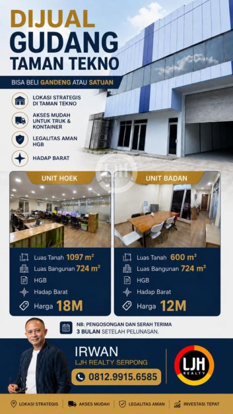 Gudang Taman Tekno BSD Bisa Beli Satuan/Gandeng, Cocok untuk Investasi & Operasional