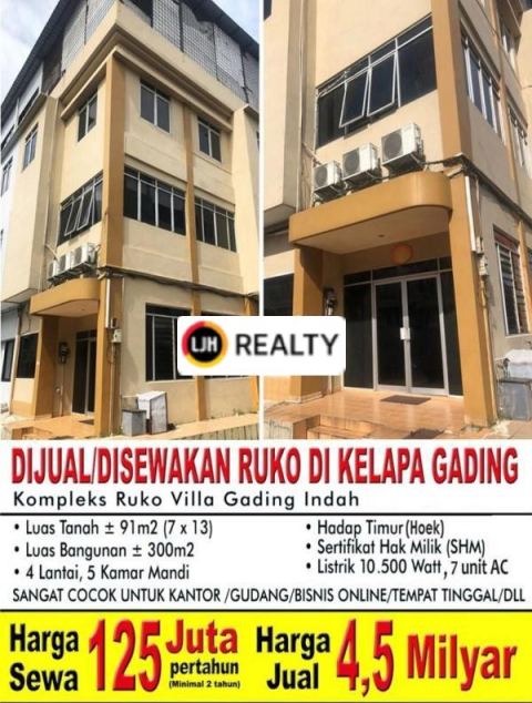 RUKO DI VILLA GADING INDAH AREA KELAPA GADING
